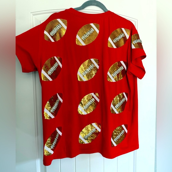 Queen of Sparkles Red & Gold Rhinestone Lace Football Tee, size large - Picture 4 of 4
